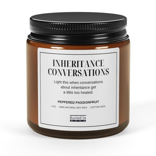 Inheritance Conversations soy candle, 4 oz amber jar, front