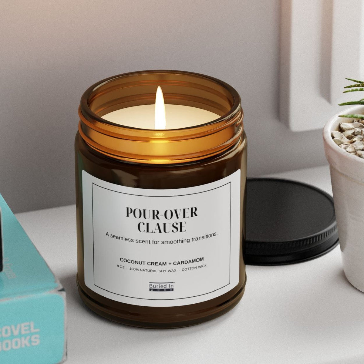 Pour-Over Clause candle lit on a windowsill