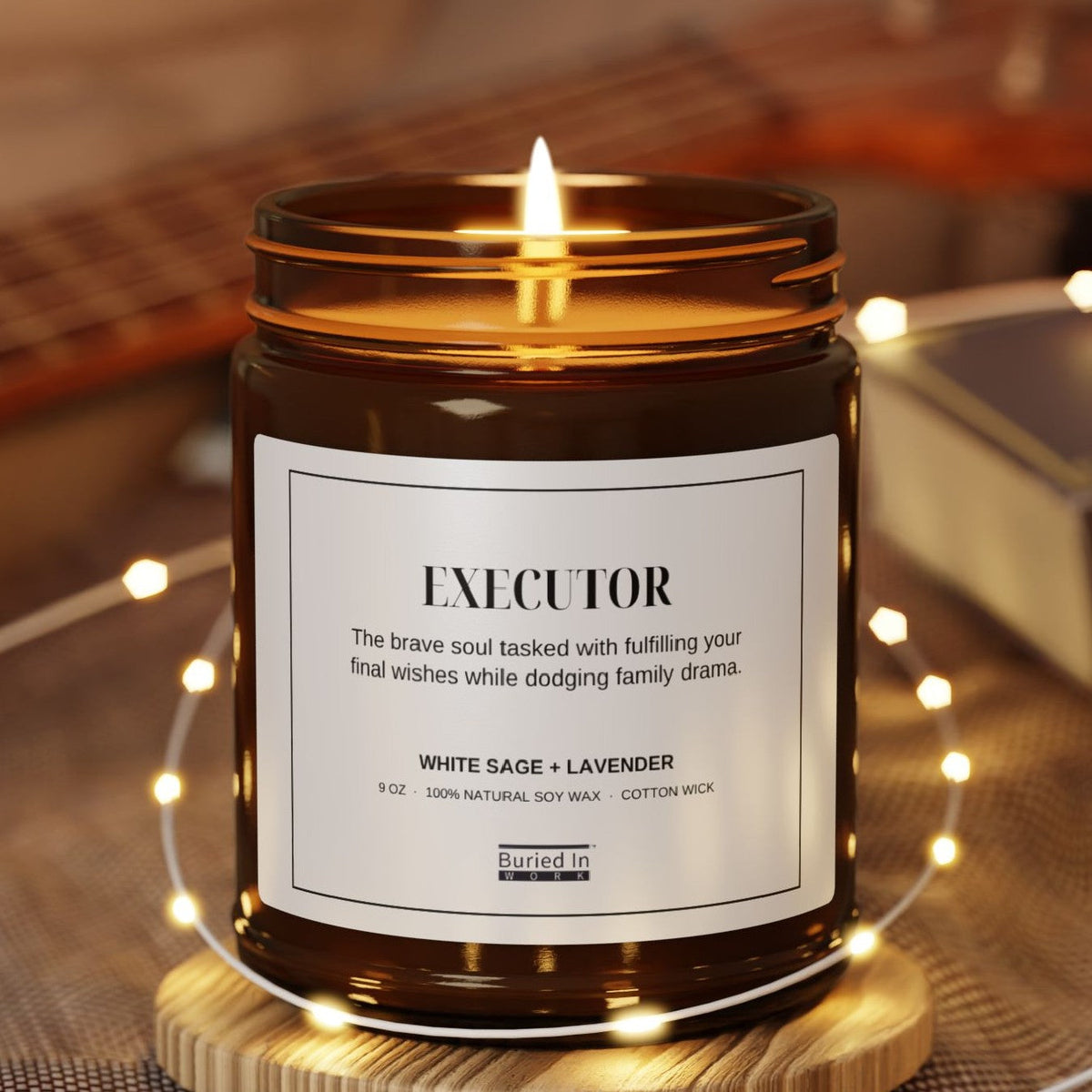 Executor candle lit, with string lights