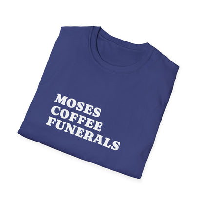 Folded Metro Blue t-shirt showing the Moses Coffee Funerals design