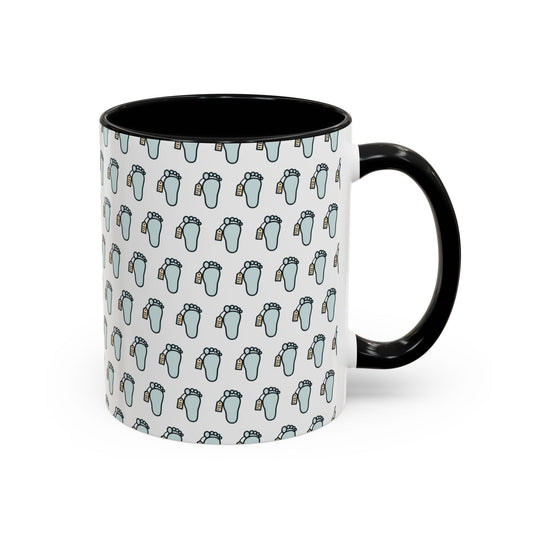 Toe Tag Pattern Mug (Color) – Black handle and inside, 11 oz
