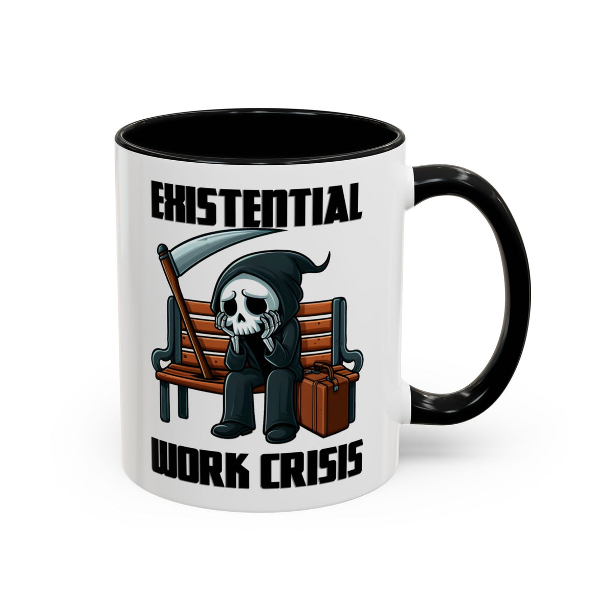 Existential Work Crisis Grim Reaper Mug – Black handle and inside, 11 oz