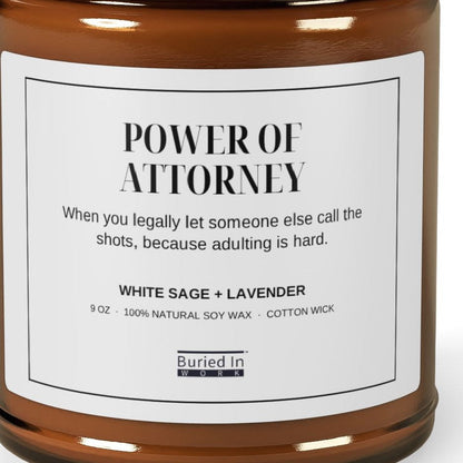 Close-up of the Power of Attorney candle label