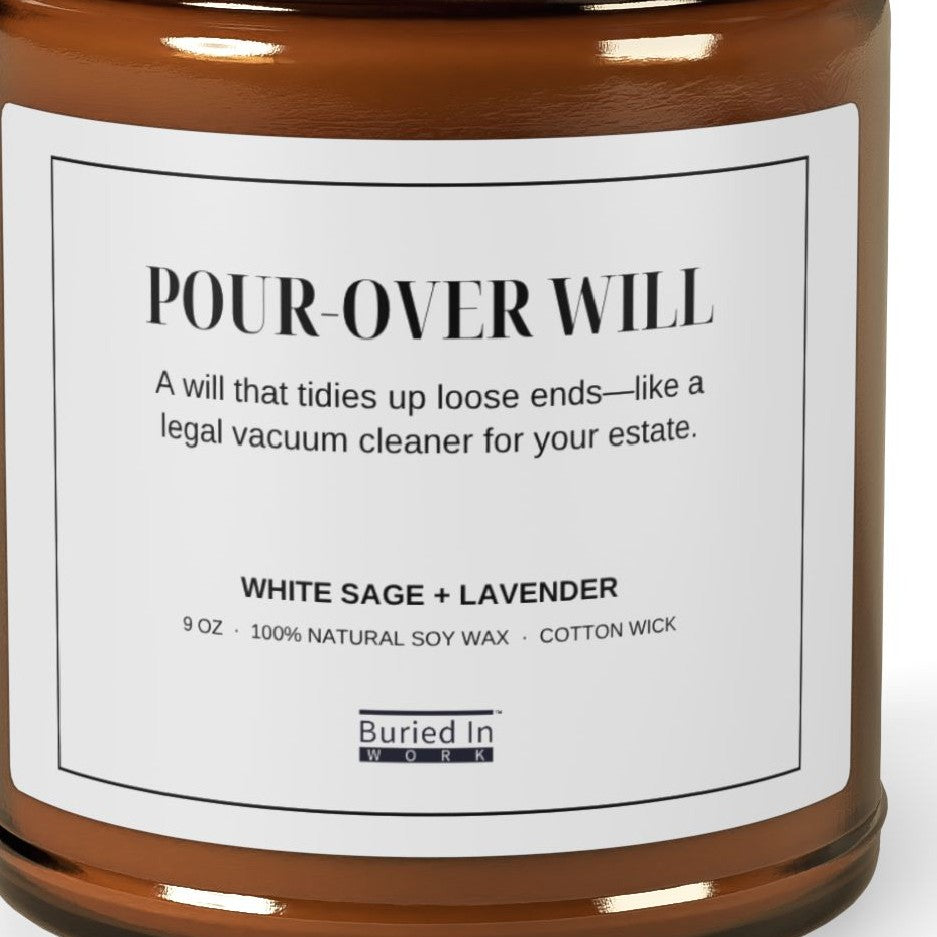 Close-up of the Pour-Over Will candle label