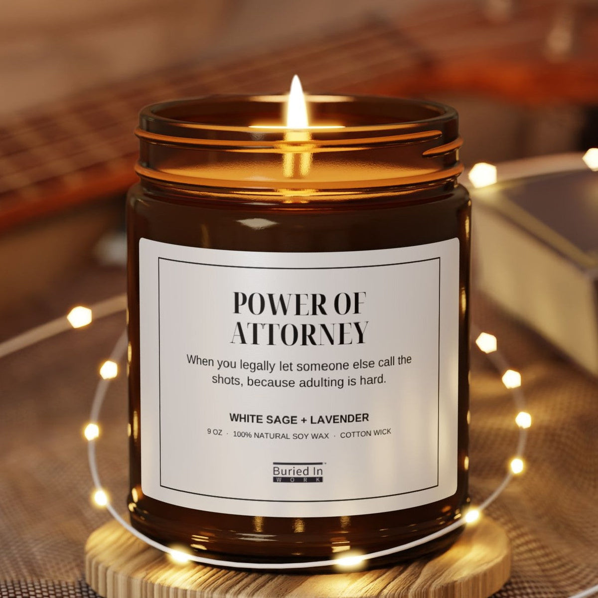 Power of Attorney candle lit, with string lights