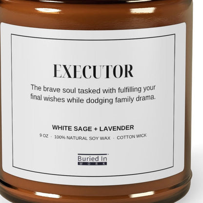 Close-up of the Executor candle label