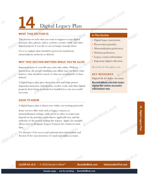A CLEAR Kit guided section tab, showing what belongs in the section and why it matters