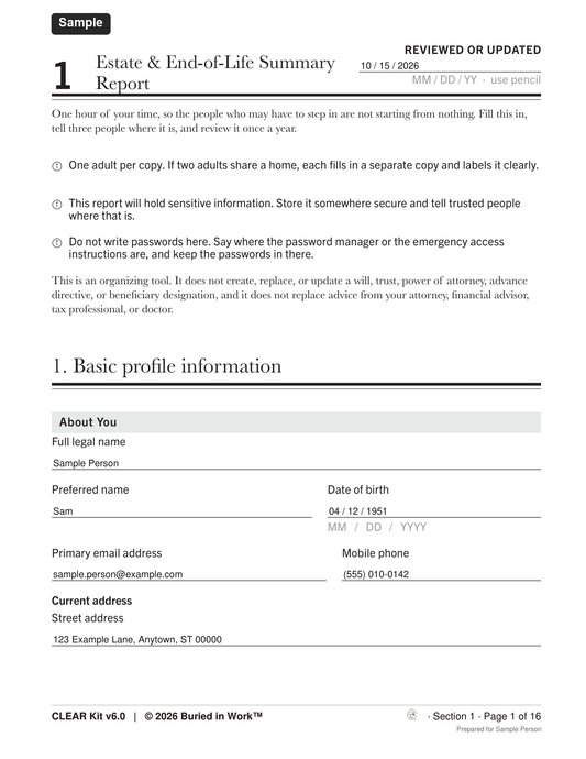 Sample page of the Estate & End-of-Life Summary Report