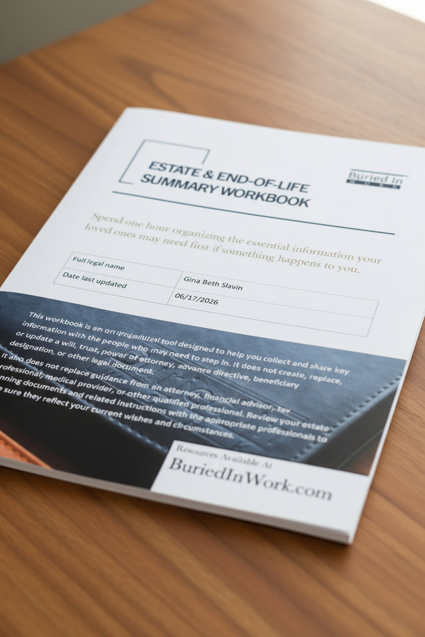 Estate and end-of-life summary workbook with a pen on a white background
