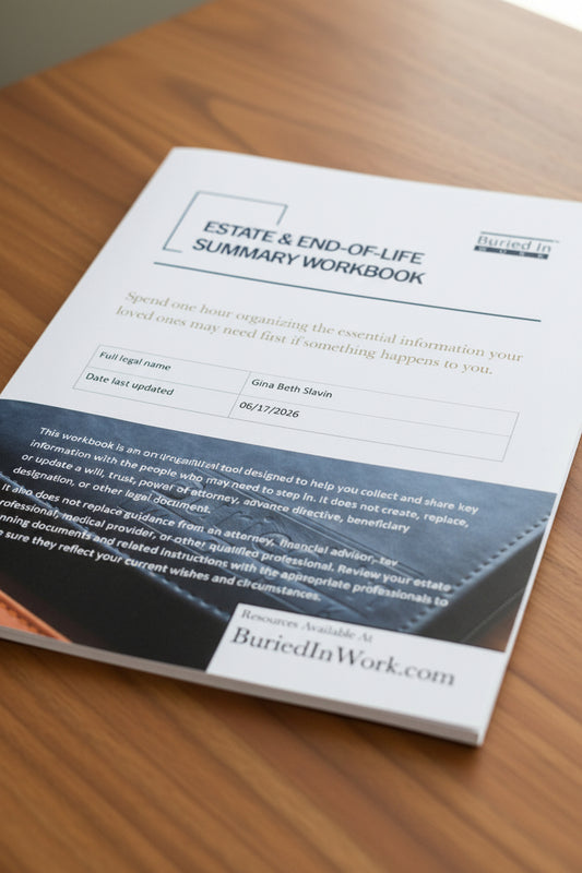 Estate and end-of-life summary workbook with a pen on a white background