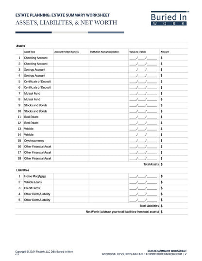 Estate Summary Worksheet