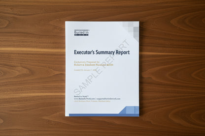 Cover page of the 'Executor's Summary Report' by Buried in Work, featuring the company logo, the names of the executive creators, and the phrase 'Exclusively Prepared For.