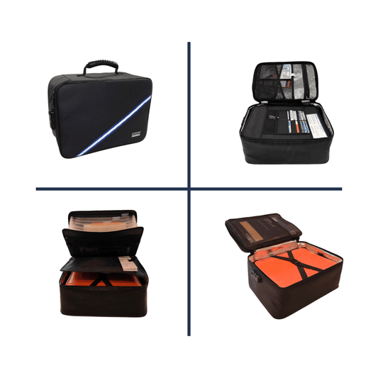 Four views of the CLEAR Kit storage case, closed and open showing its document compartments