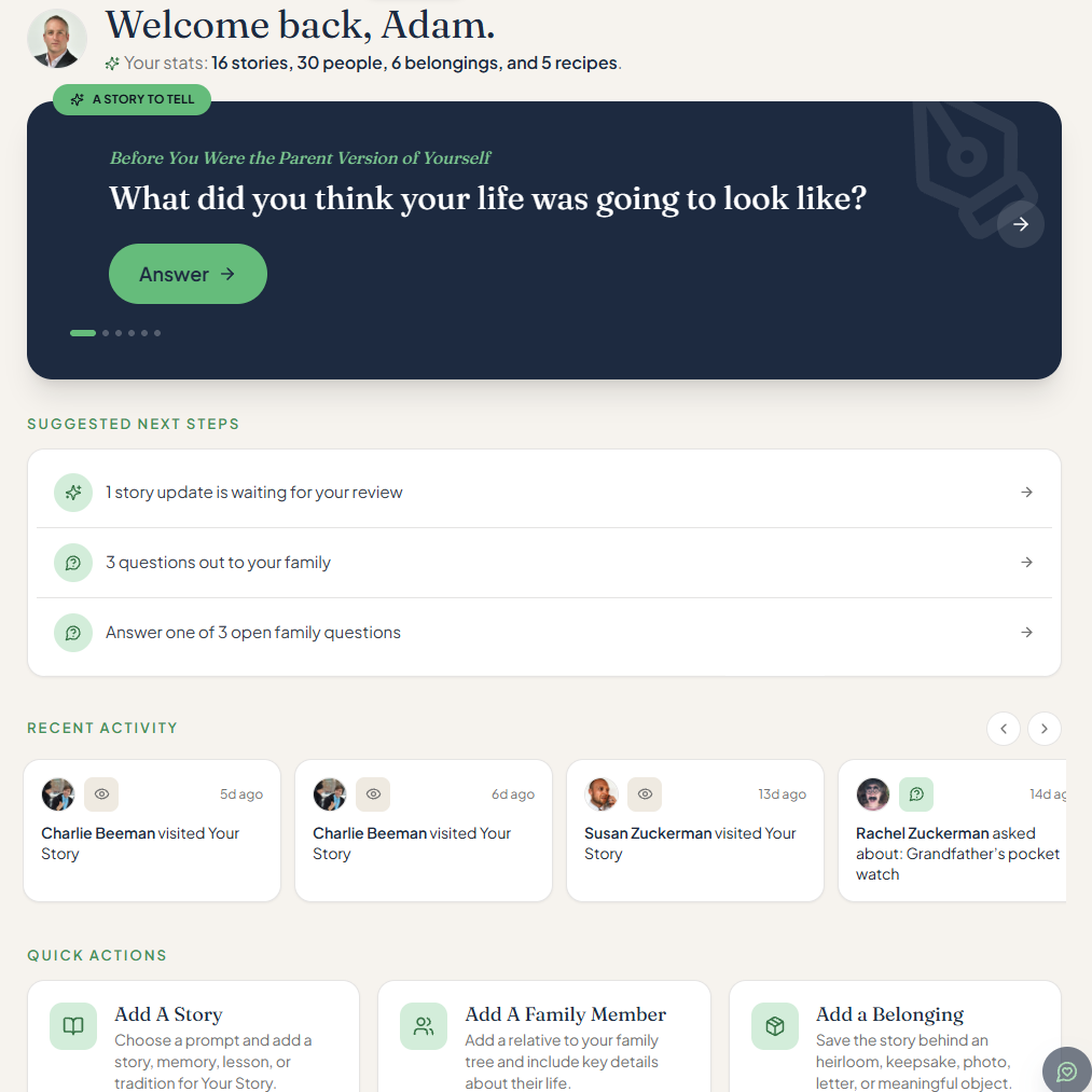 A screenshot of a web application dashboard interface with a left sidebar menu, a welcome message for a user named Adam, a large dark blue interactive card, and several action panels below on a light gray background.