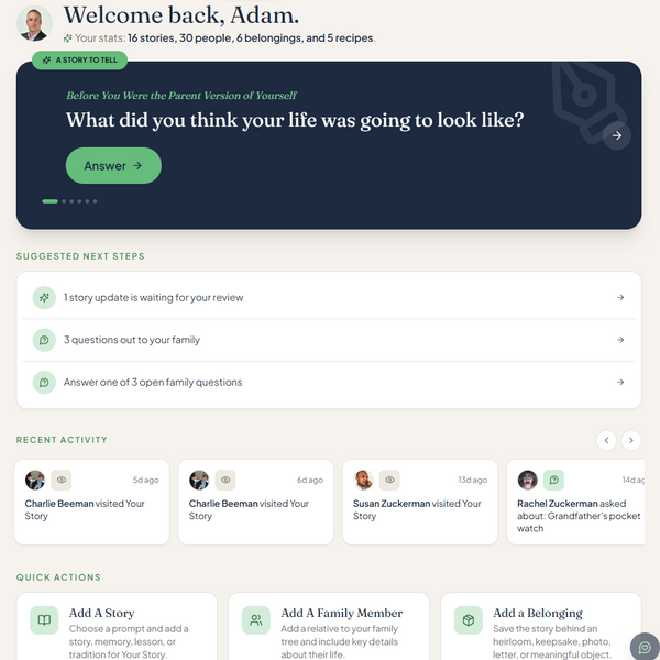 A screenshot of a web application dashboard interface with a left sidebar menu, a welcome message for a user named Adam, a large dark blue interactive card, and several action panels below on a light gray background.