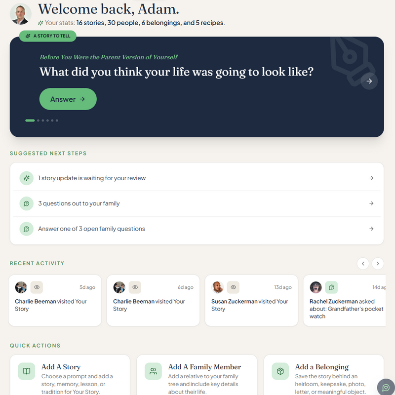 The Heirloom & Tell dashboard