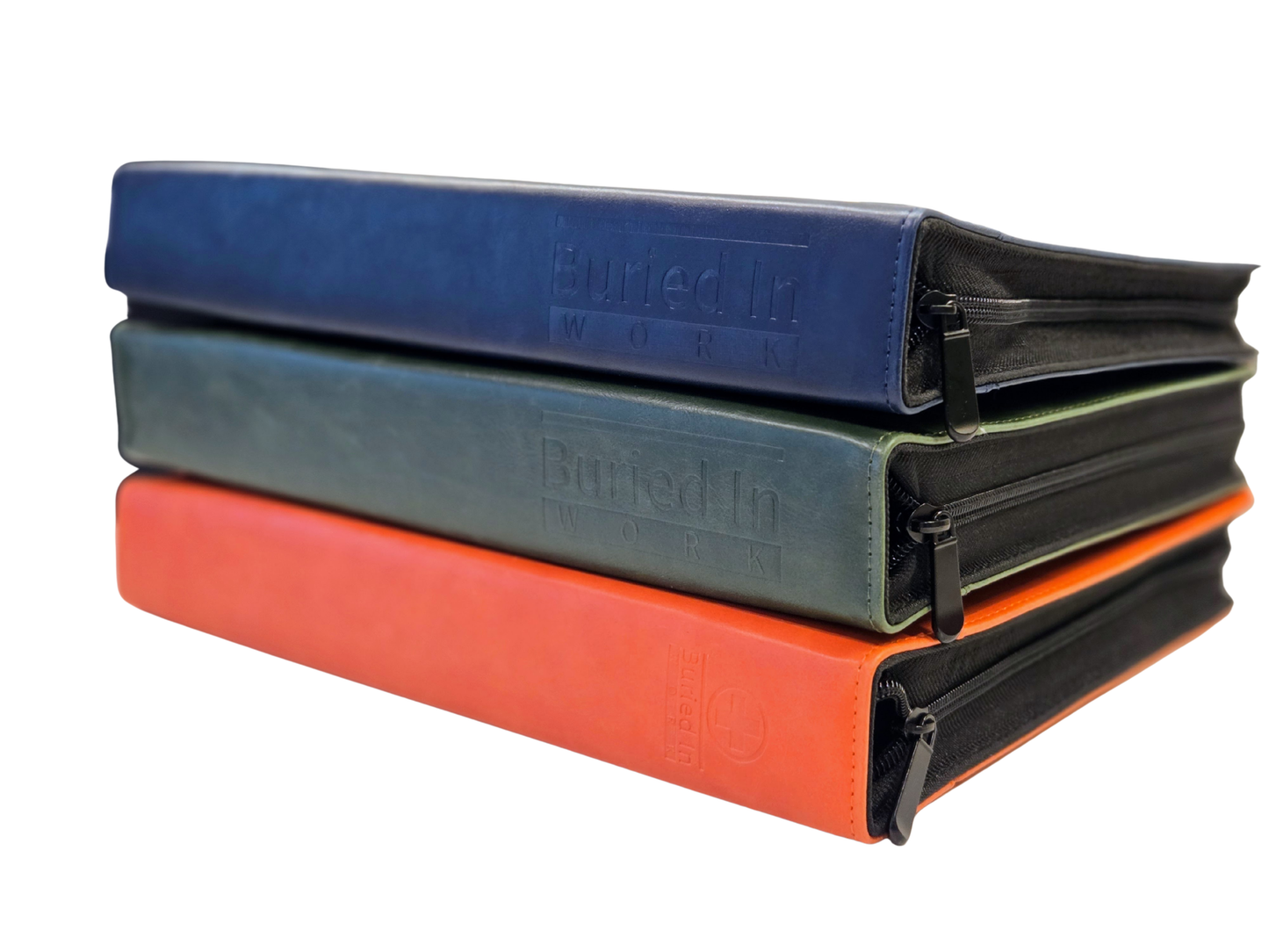 Set of Three Premium Faux Leather 3-Ring Binders (Orange, Blue, & Green)