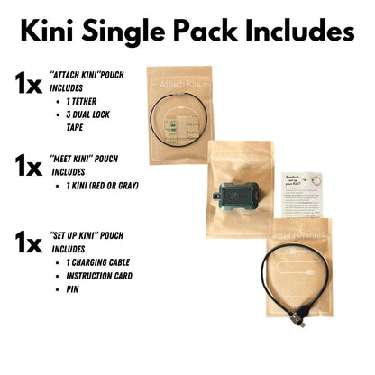 What is included with the Kini SafeAlert: the sensor, a setup pouch, and a USB-C charging cable