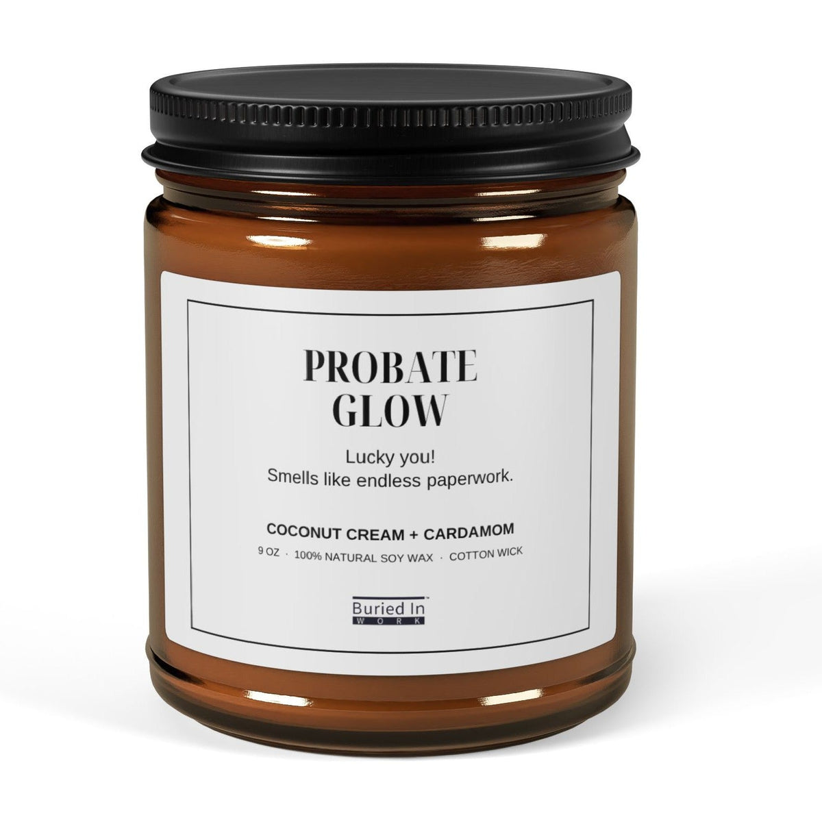 Probate Glow soy candle, 9 oz amber jar, front