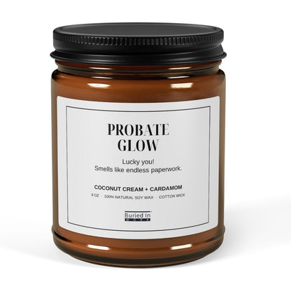 Probate Glow soy candle, 9 oz amber jar, front