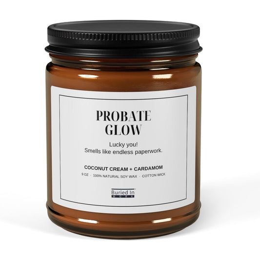 Probate Glow soy candle, 9 oz amber jar, front