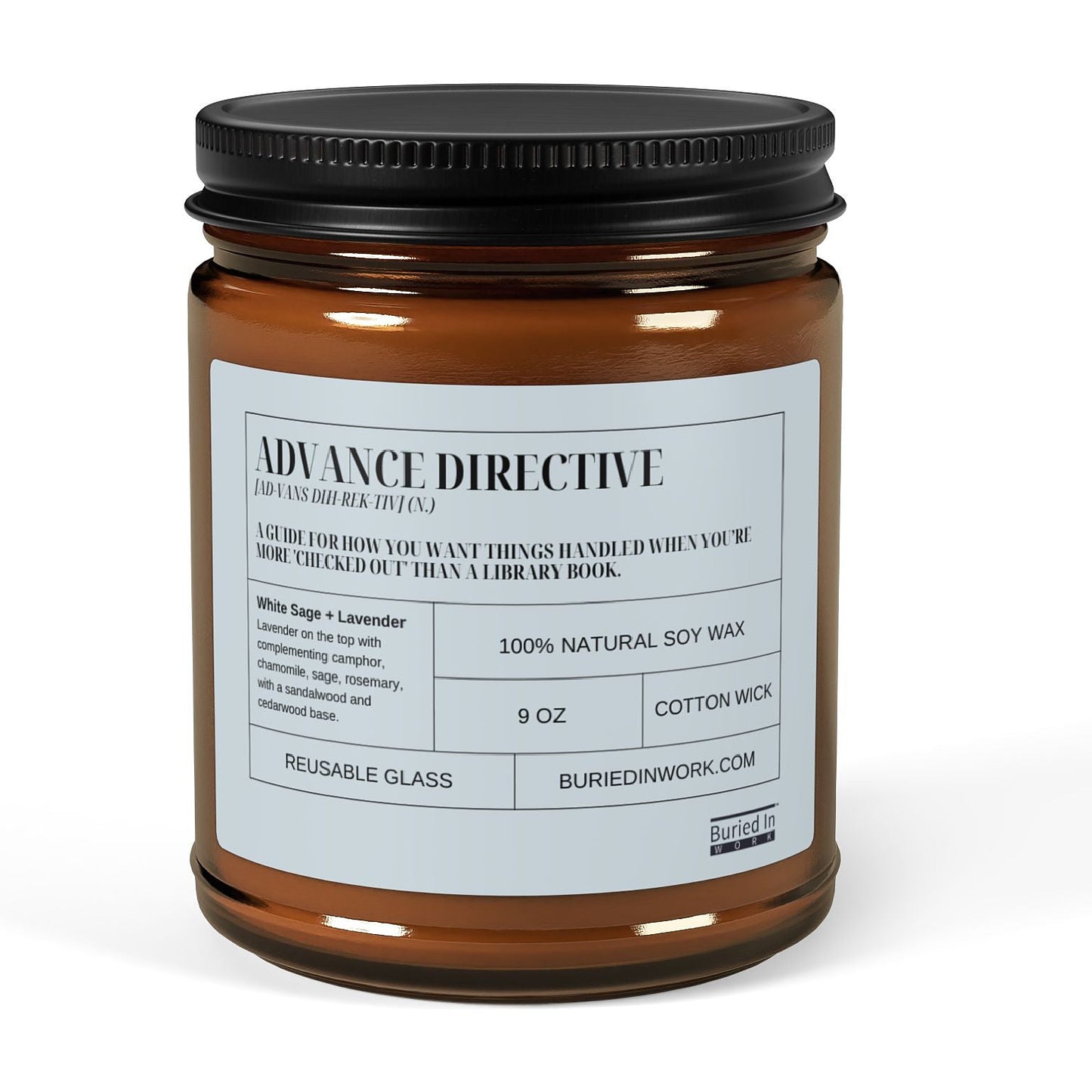 Advance Directive soy candle in an amber glass jar with a black lid, front label reading Advance Directive with its dictionary definition