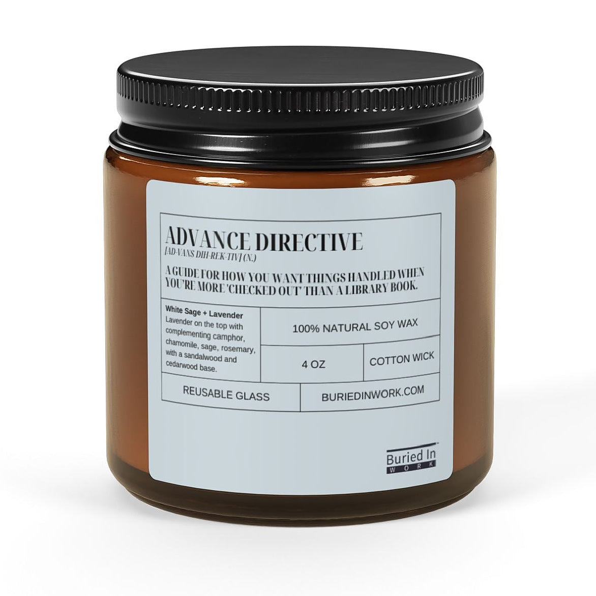 Advance Directive soy candle, 4 oz amber jar with black lid, front view