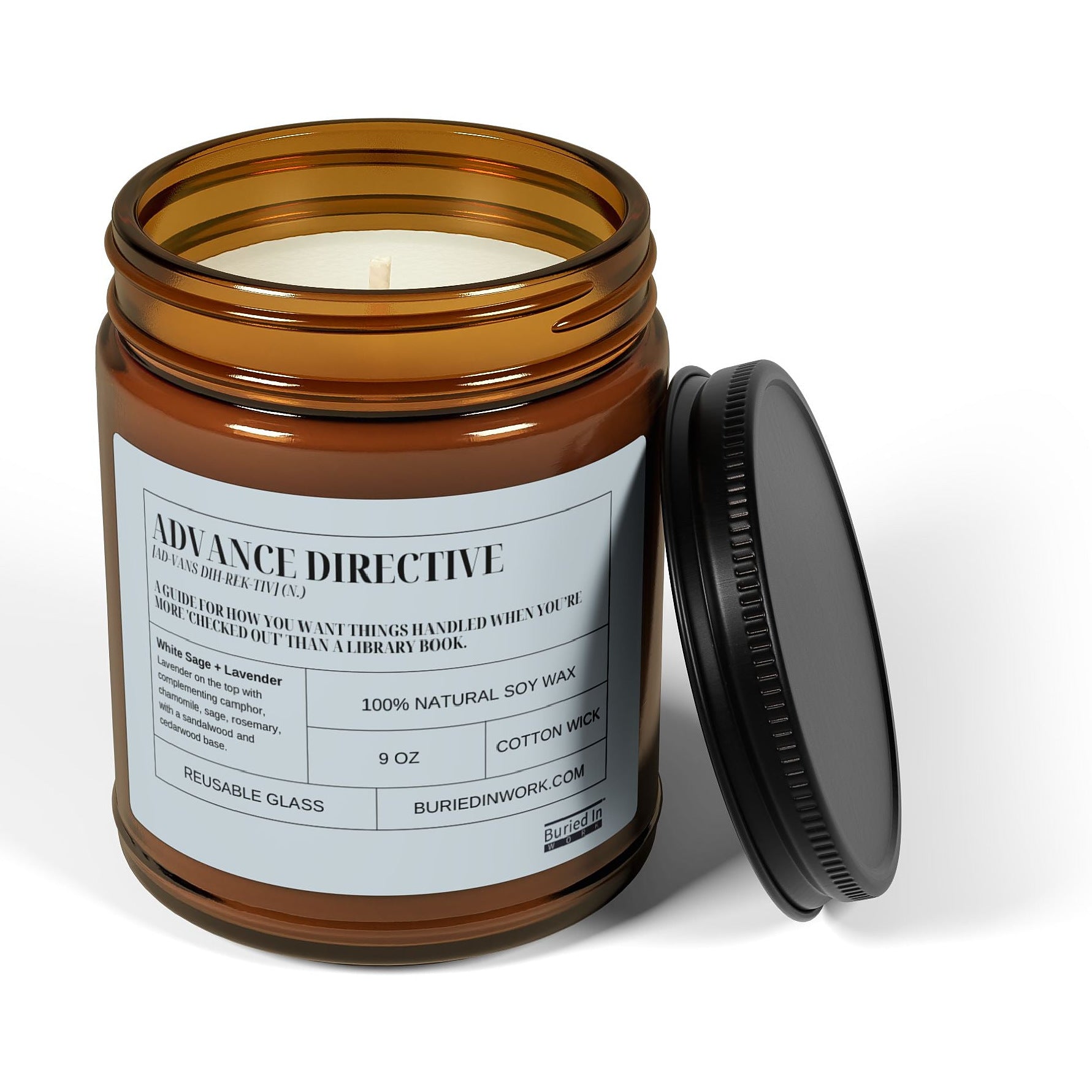 Advance Directive soy candle with the lid removed, showing the cotton wick and soy wax