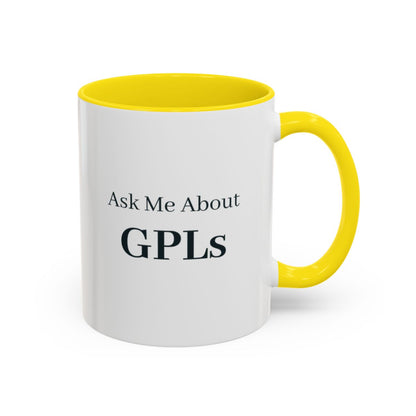 Ask Me About GPLs Mug – Yellow handle and inside, 11 oz