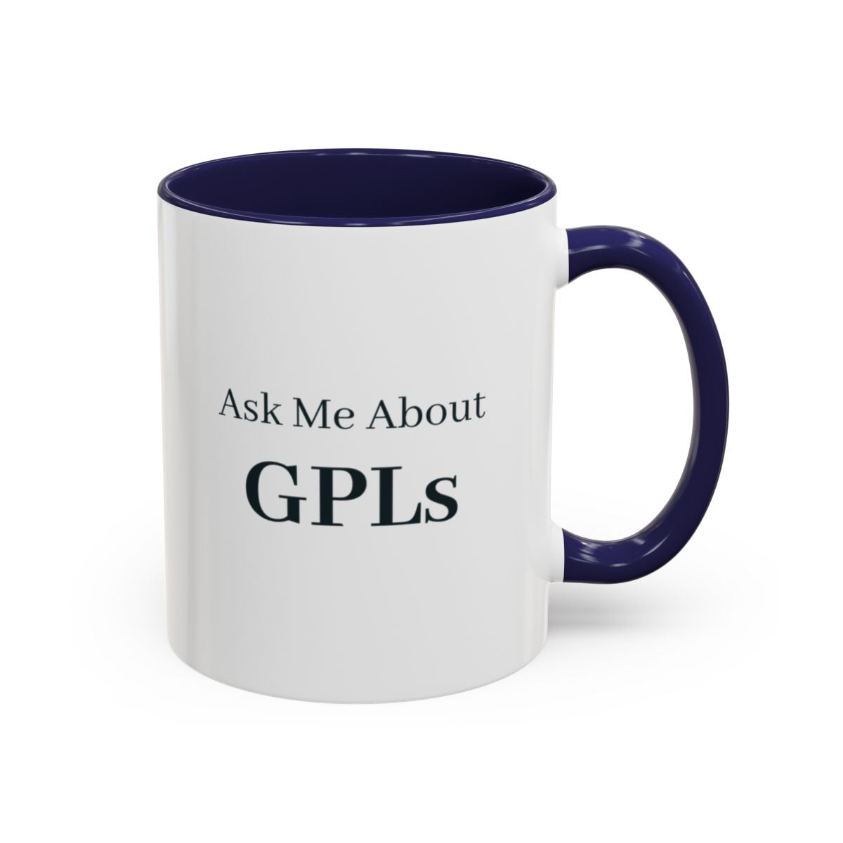 Ask Me About GPLs Mug – Navy handle and inside, 11 oz