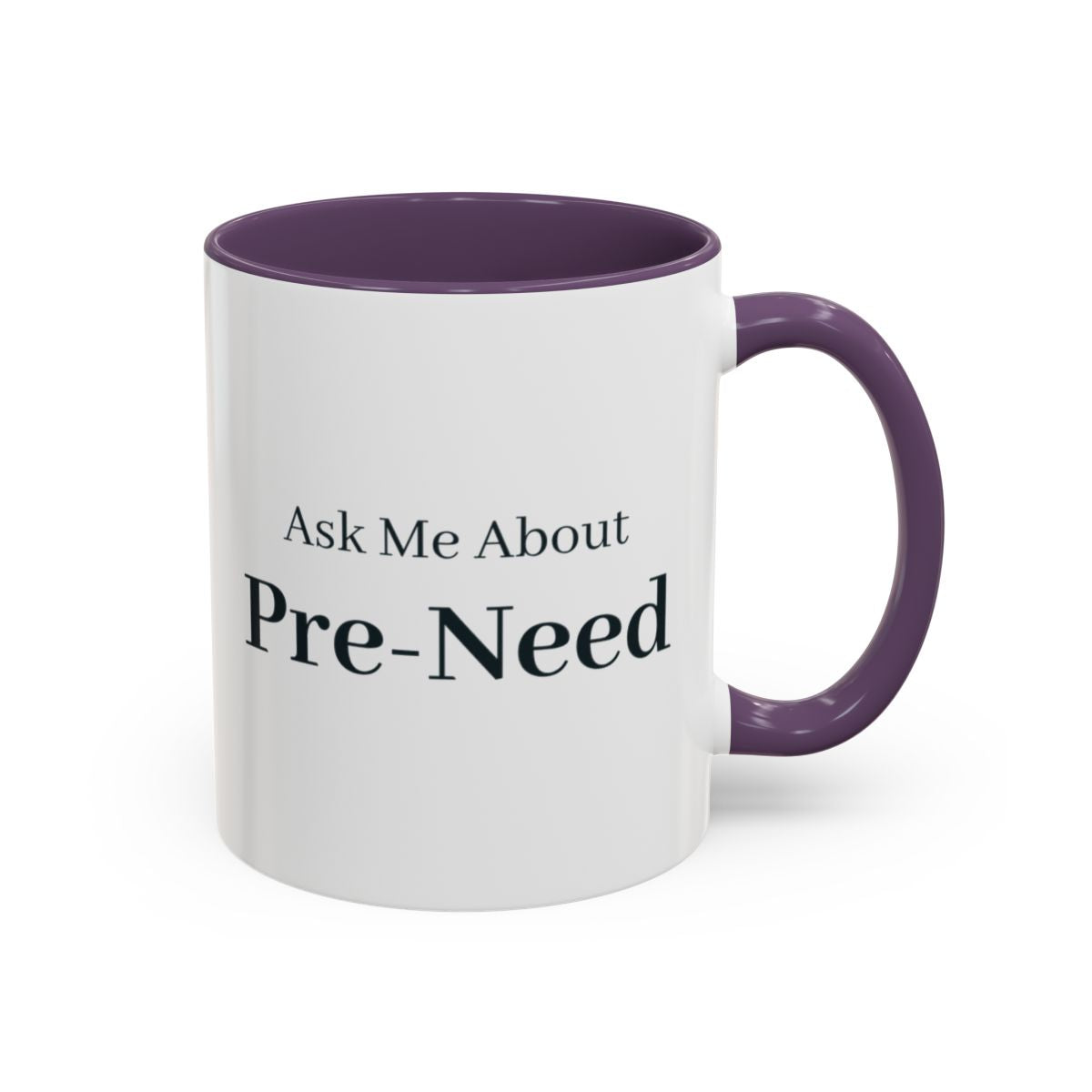 Ask Me About Pre-Need Mug – Purple handle and inside, 11 oz