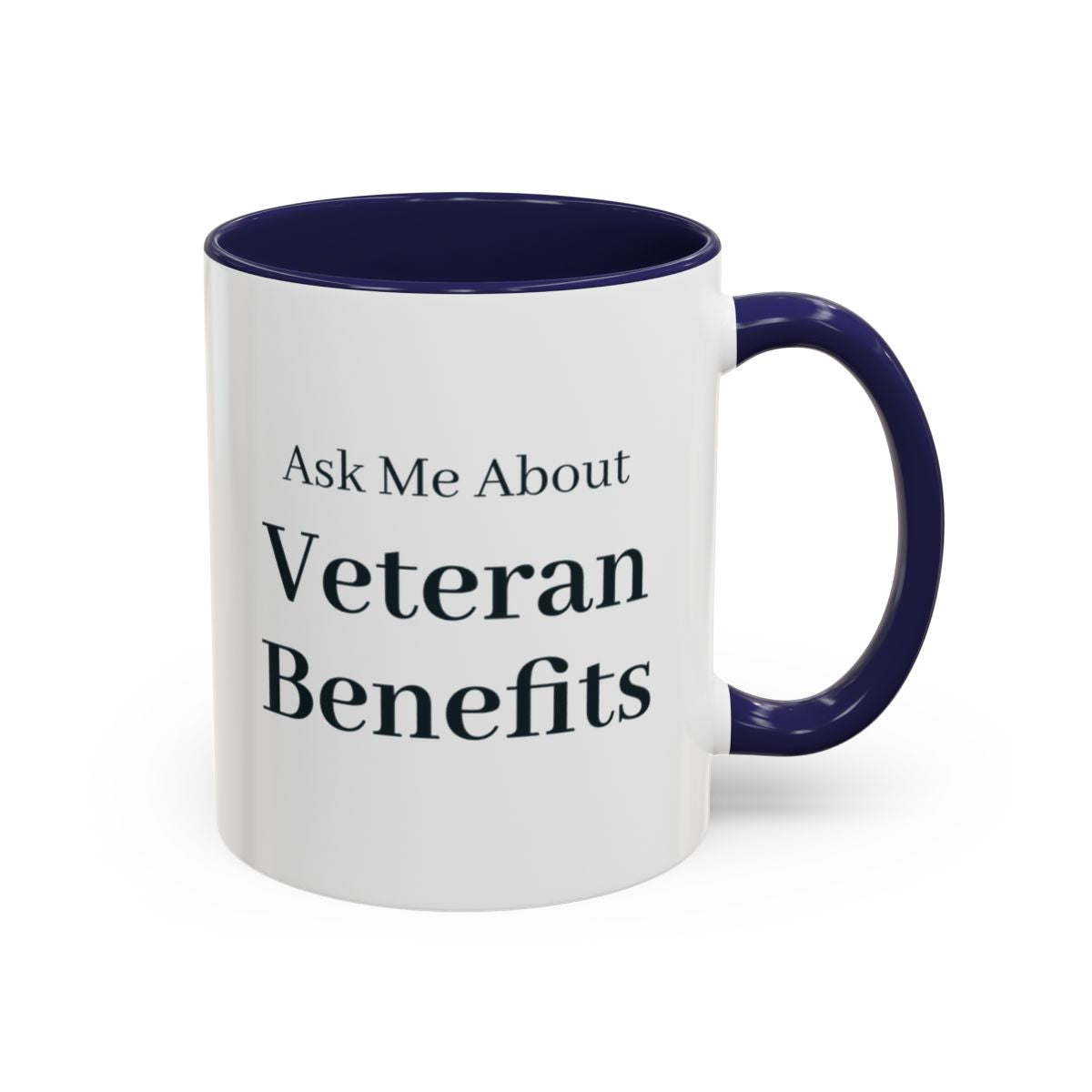 Ask Me About Veteran Benefits Mug – Navy handle and inside, 11 oz