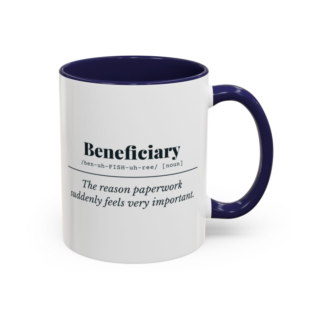 Beneficiary Definition Mug – Navy handle and inside, 11 oz
