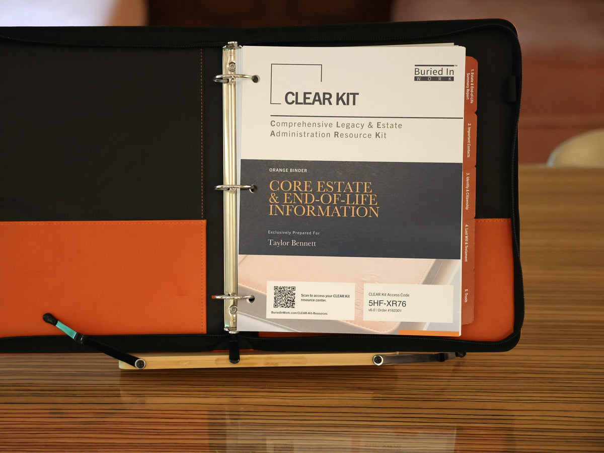 A CLEAR Kit binder open to the personalized cover sheet and first guided section tab