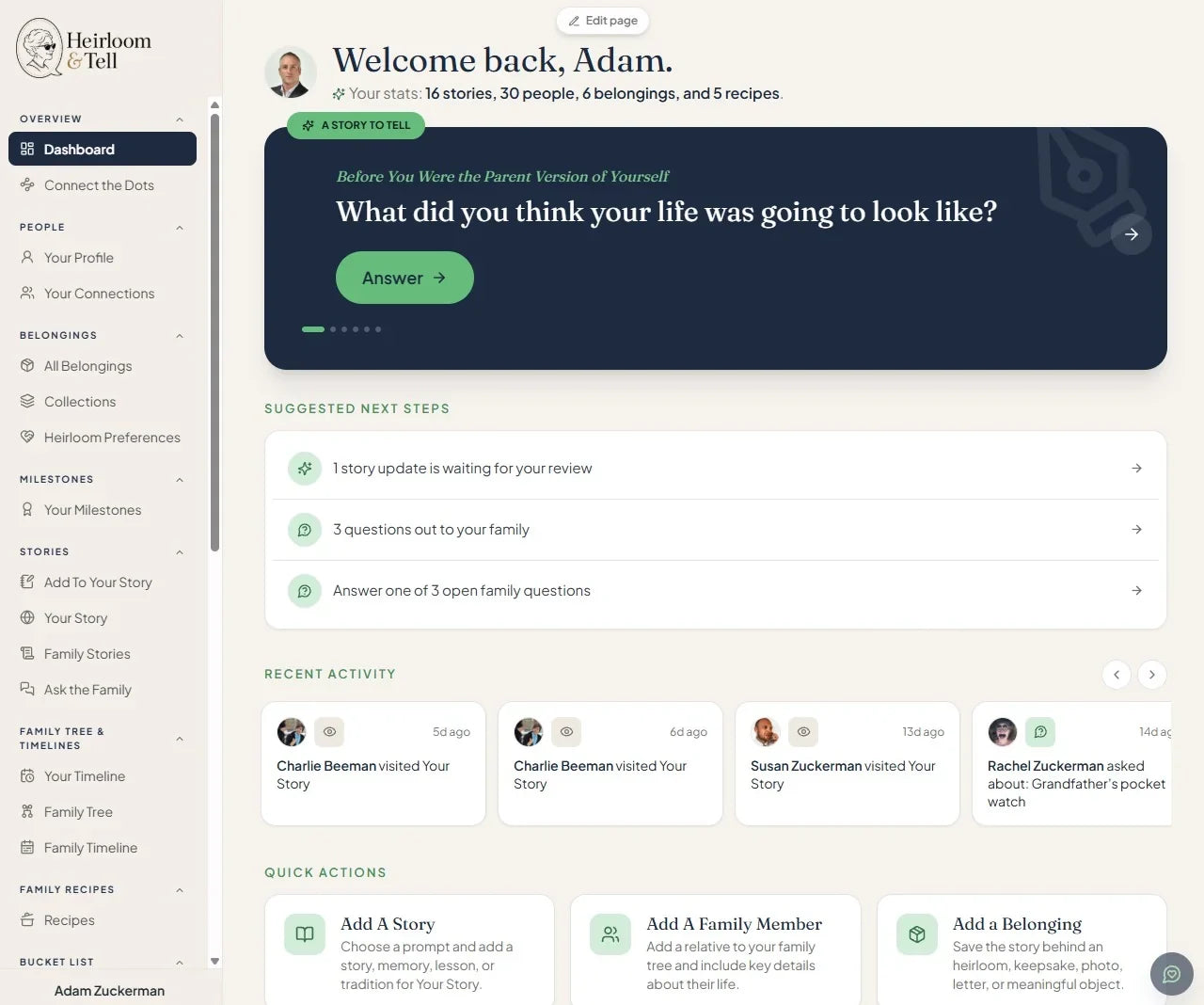 Heirloom and Tell dashboard