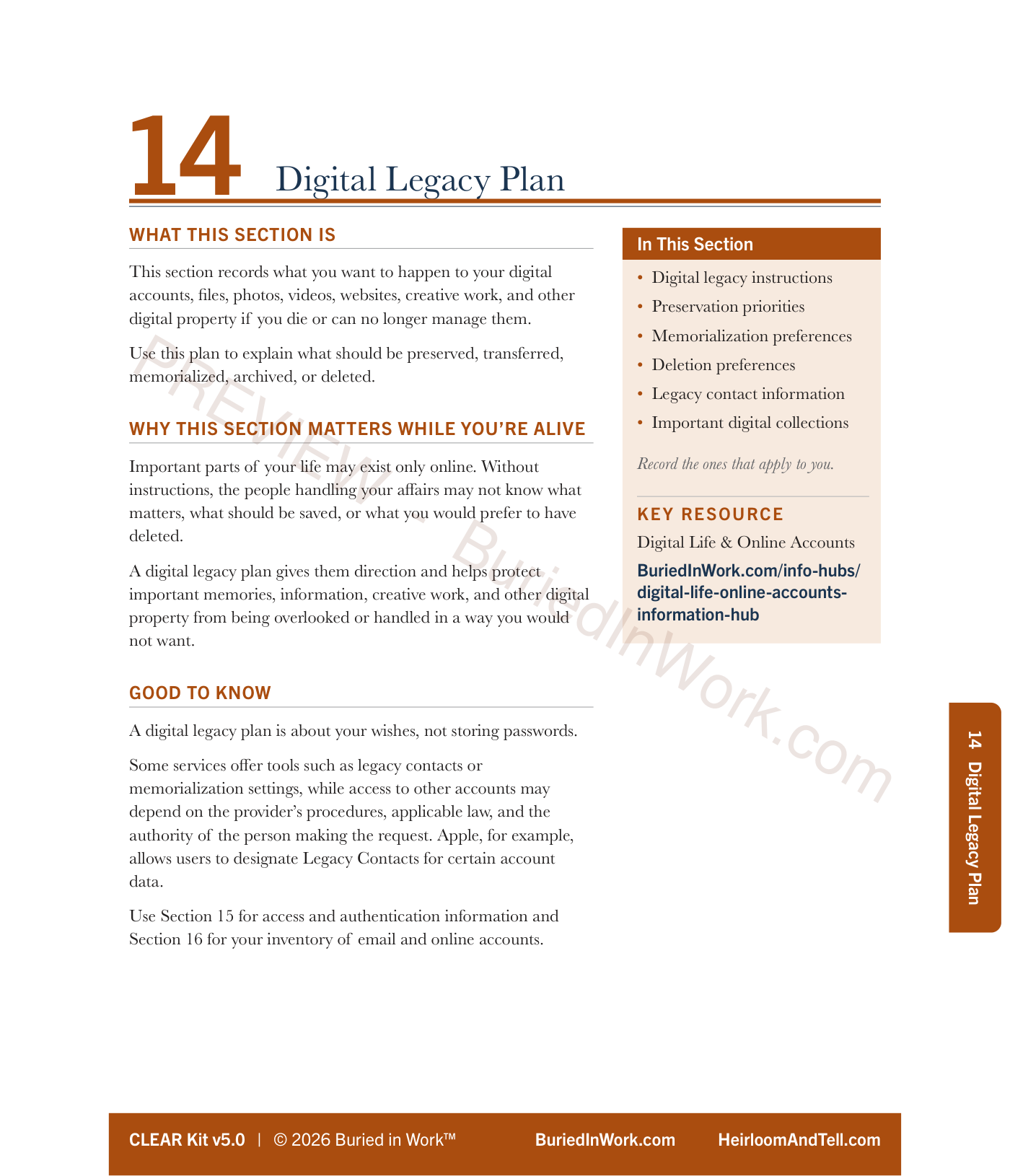 CLEAR Kit Section 14 Digital Legacy Plan preview, tab front — page 1 of 6