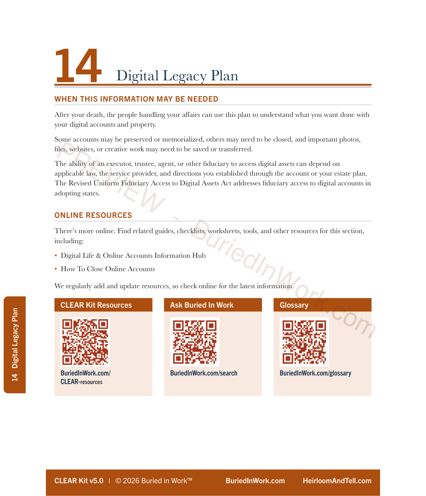 CLEAR Kit Section 14 Digital Legacy Plan preview, tab back — page 2 of 6