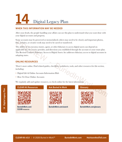CLEAR Kit Section 14 guided tab, back: when the information may be needed, plus links to related online resources