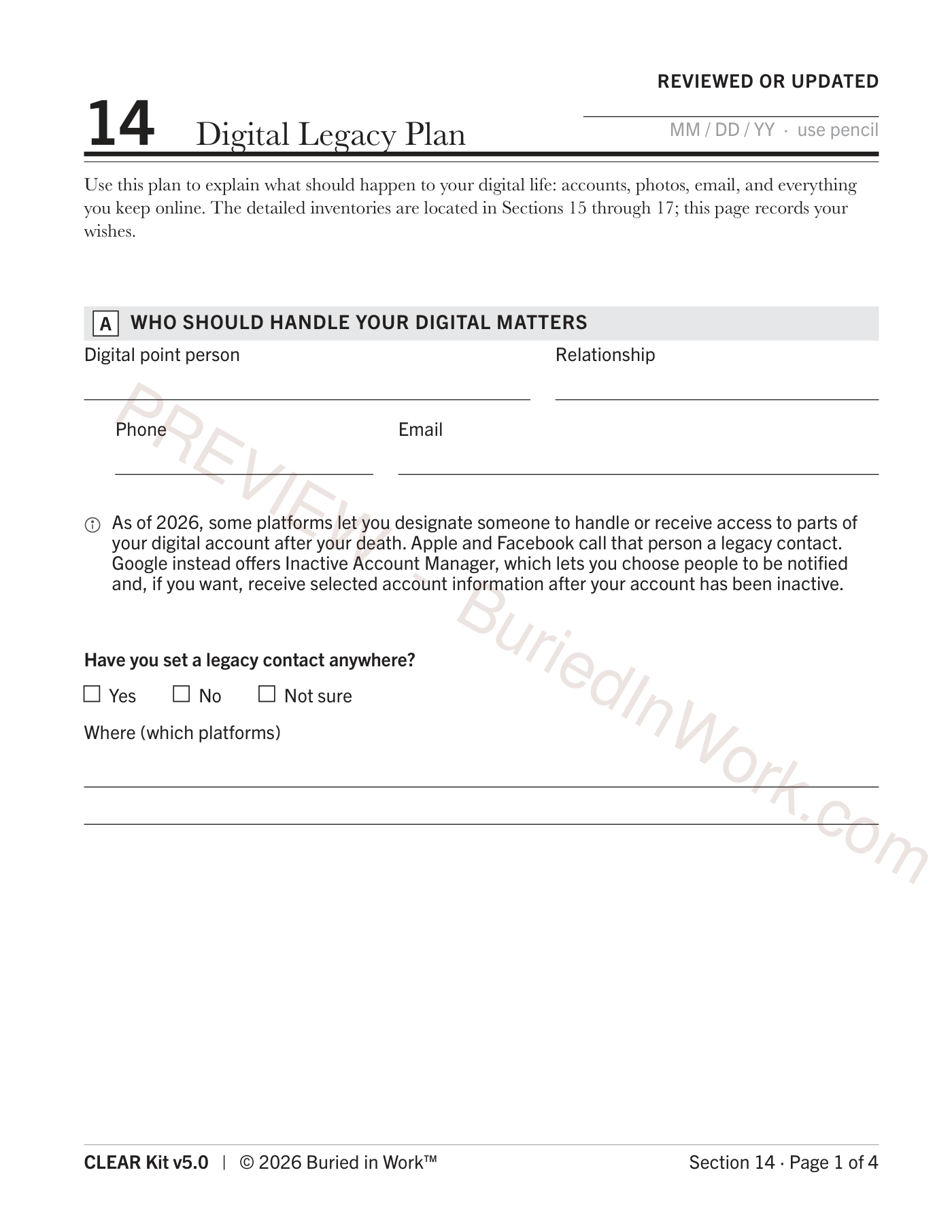 CLEAR Kit Section 14 Digital Legacy Plan preview, worksheet page 1 — page 3 of 6