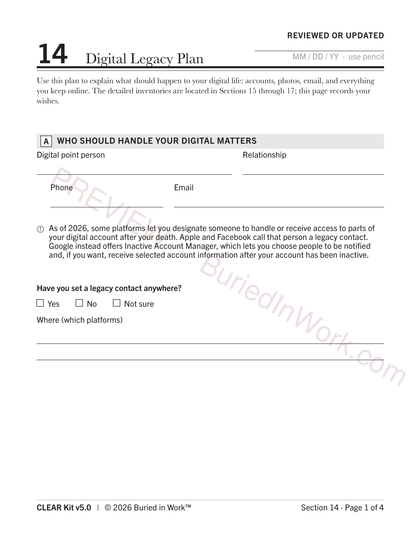 CLEAR Kit Section 14 Digital Legacy Plan preview, worksheet page 1