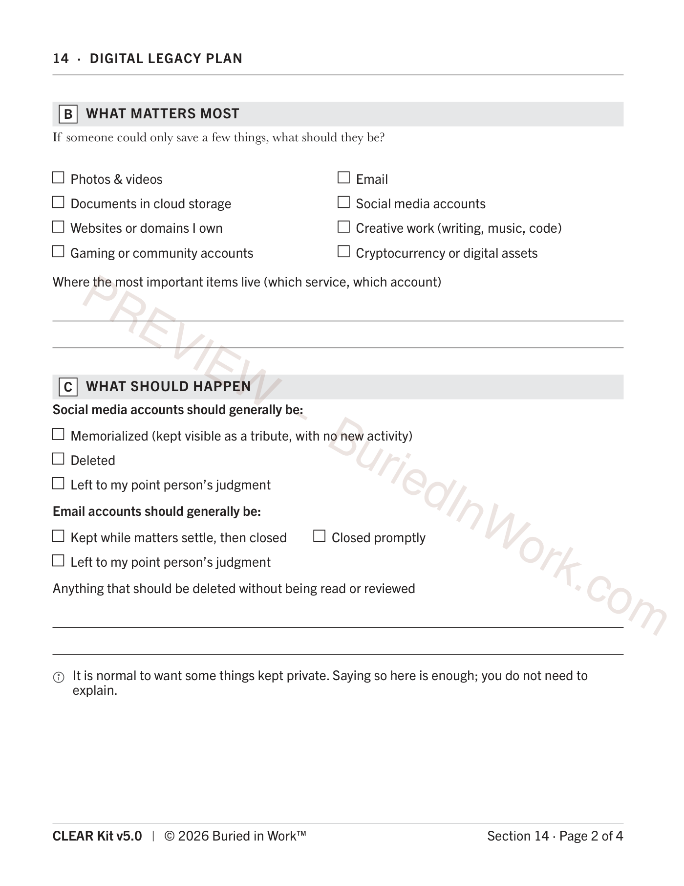 CLEAR Kit Section 14 Digital Legacy Plan preview, worksheet page 2 — page 4 of 6
