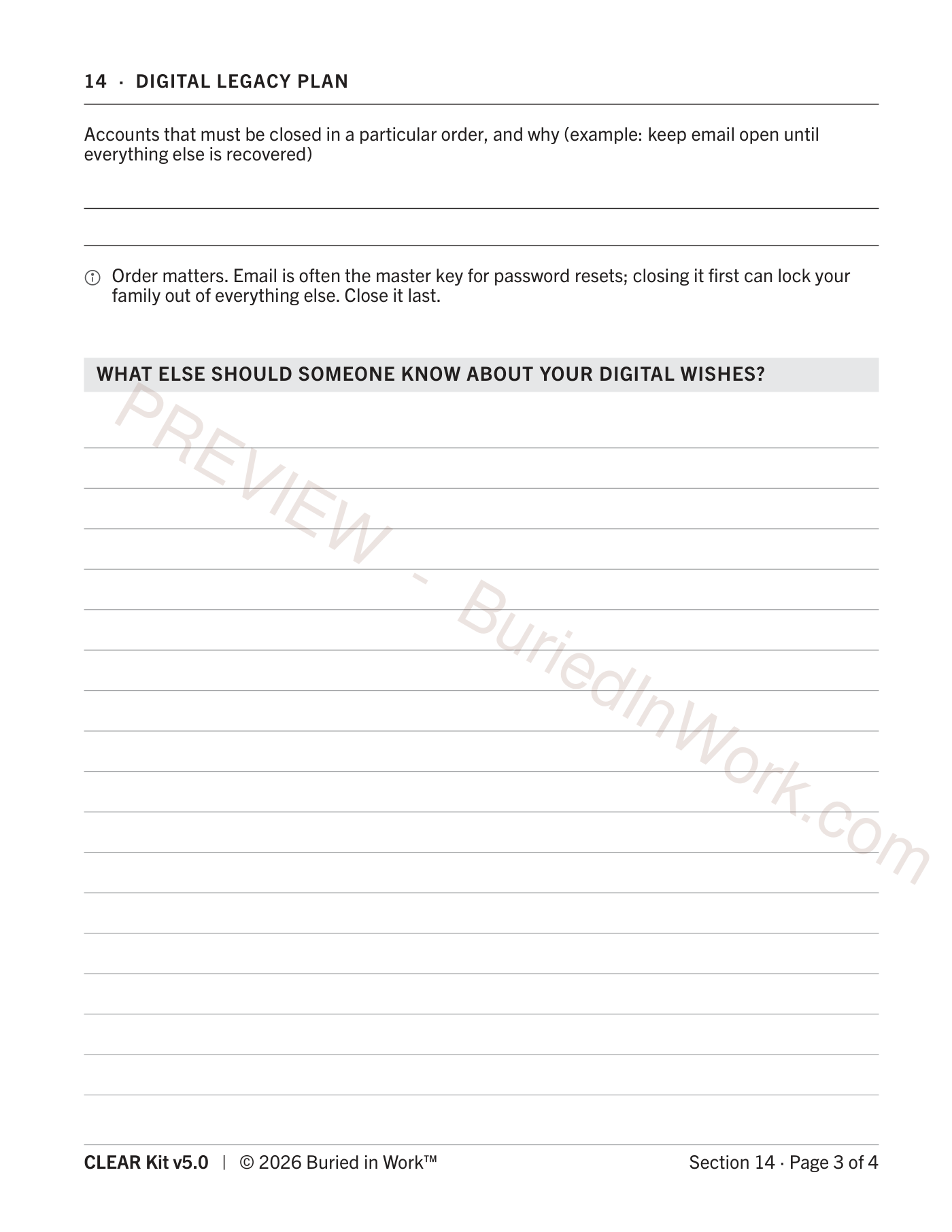 CLEAR Kit Section 14 Digital Legacy Plan preview, worksheet page 3 — page 5 of 6