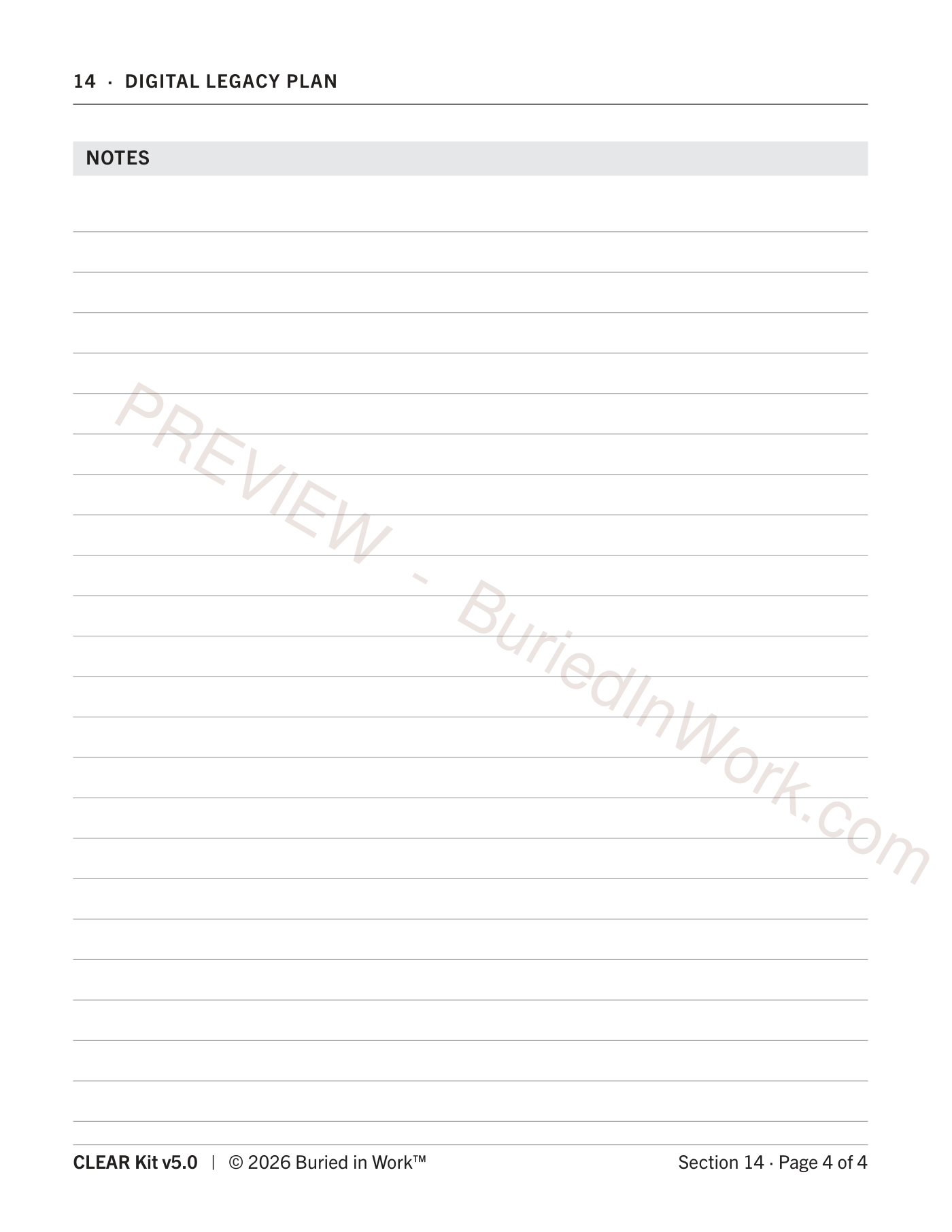 CLEAR Kit Section 14 Digital Legacy Plan preview, worksheet page 4 — page 6 of 6