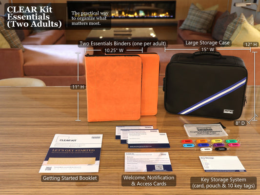 CLEAR Kit Essentials, two adults: two Essentials binders (10.25 x 11 in), large storage case (15 x 12 x 8 in), Getting Started booklet, Welcome Card, Notification and Access Cards, key storage pouch, card and ten color-coded key tags