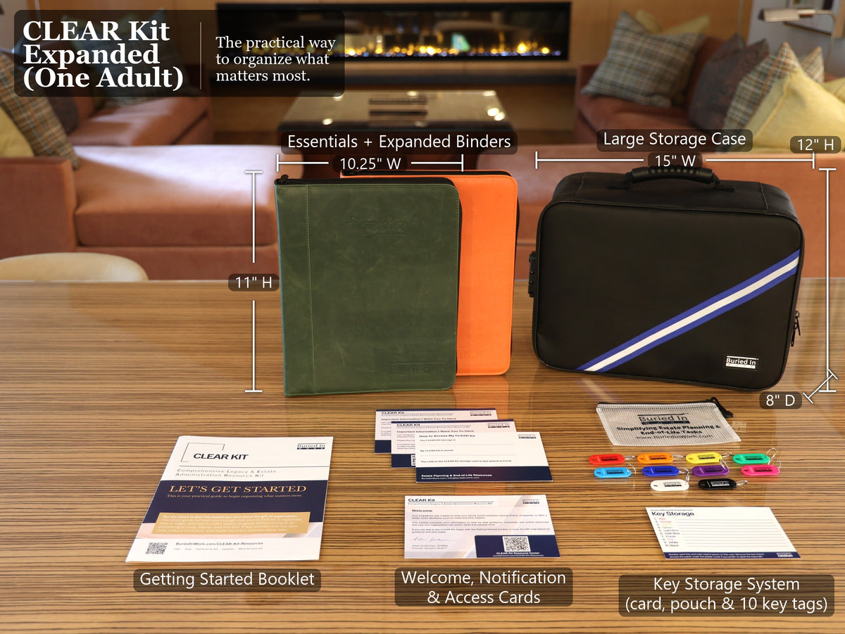 CLEAR Kit Expanded, one adult: Essentials and Expanded binders (10.25 x 11 in), large storage case (15 x 12 x 8 in), Getting Started booklet, Welcome Card, Notification and Access Cards, key storage pouch, card and ten color-coded key tags