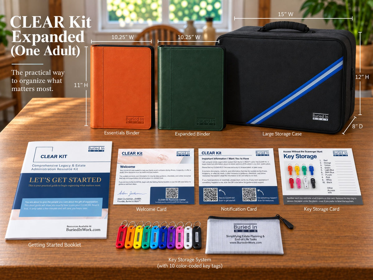 CLEAR Kit Expanded, one adult: Essentials and Expanded binders (10.25 x 11 in), large storage case (15 x 12 x 8 in), Getting Started booklet, Welcome Card, Notification Card, Key Storage Card, key pouch and ten color-coded key tags