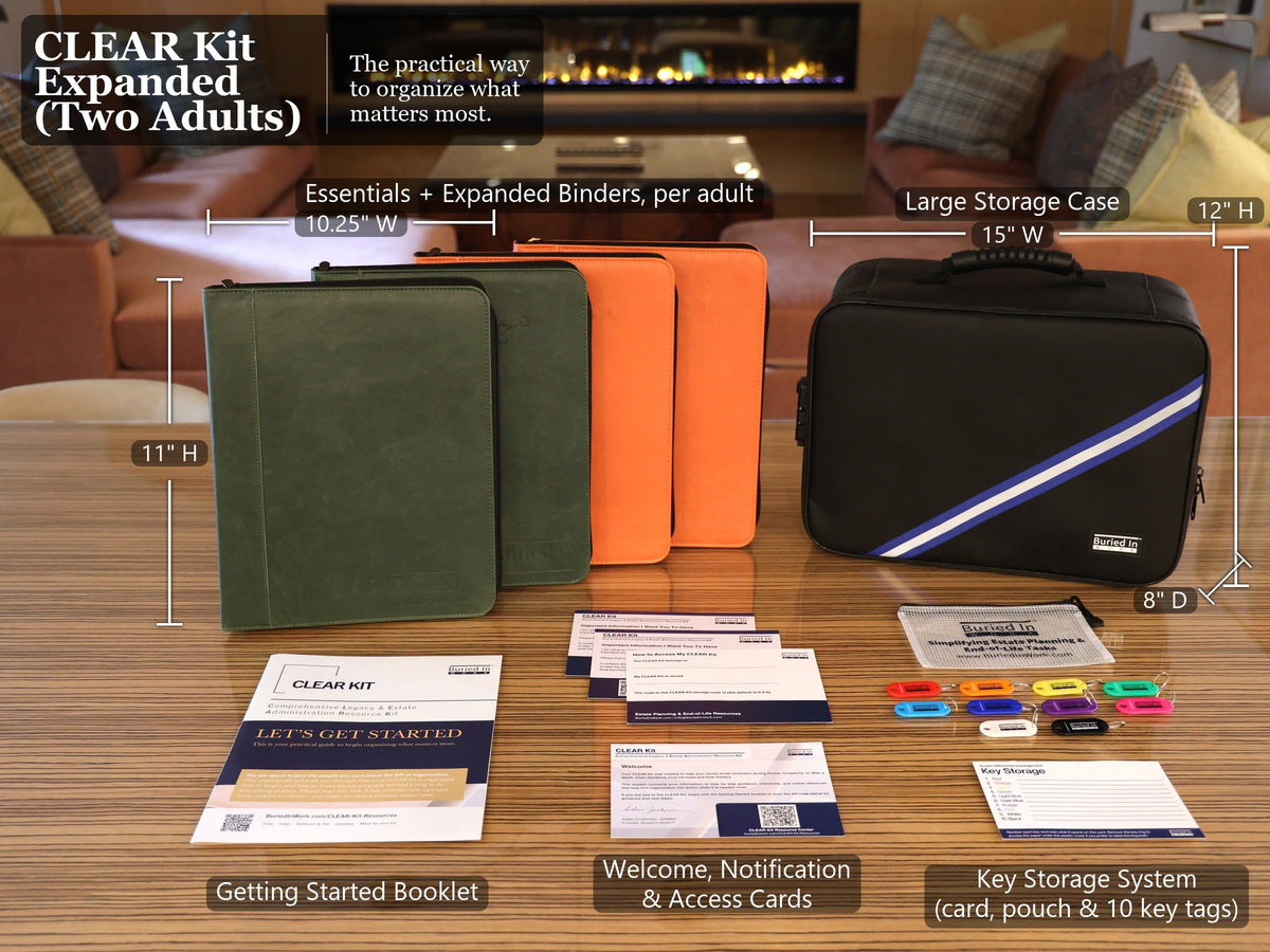 CLEAR Kit Expanded, two adults: Essentials and Expanded binders for each adult (10.25 x 11 in), large storage case (15 x 12 x 8 in), Getting Started booklet, Welcome Card, Notification and Access Cards, key storage pouch, card and ten color-coded key tags