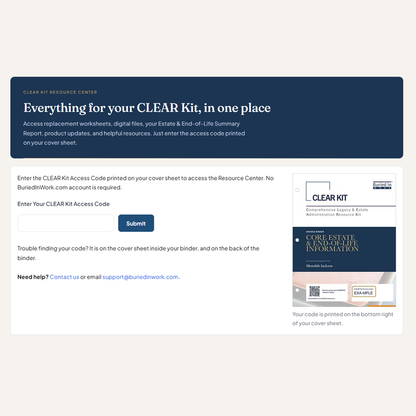 The CLEAR Kit Resource Center portal, with the access code entry and cover sheet
