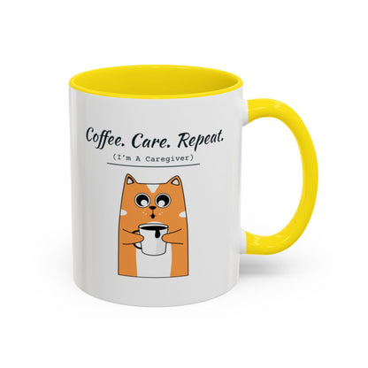 Coffee. Care. Repeat. Caregiver Mug – Yellow handle and inside, 11 oz