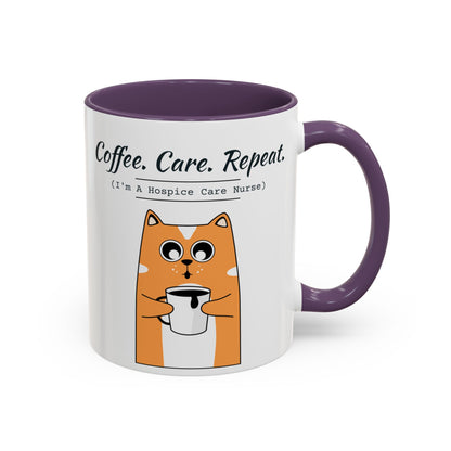 Coffee. Care. Repeat. Hospice Care Nurse Mug – Purple handle and inside, 11 oz